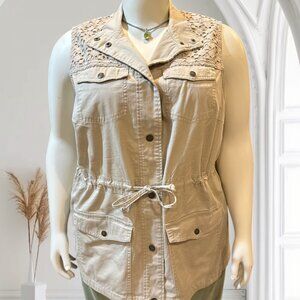 Liz Claiborne Size 24W Beige Tan 4-Pocket Cinched Snap-Up Utility Vest